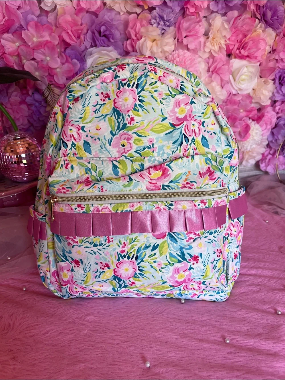 Floral Print Backpack with Pink Ribbon Trim